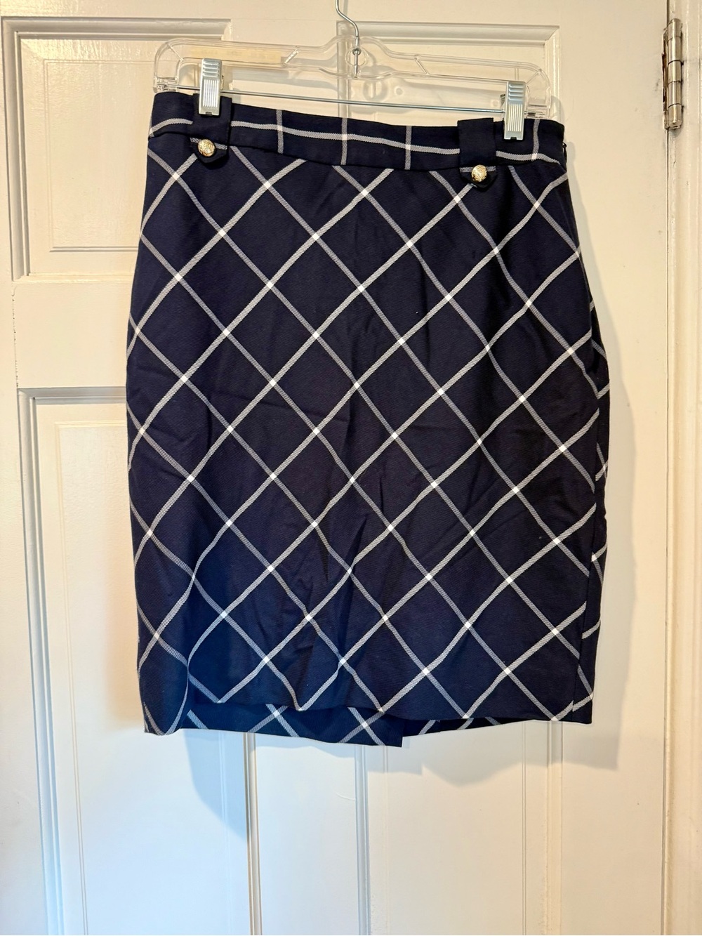 The Limited Navy Windowpane Pencil Skirt with Gold Buttons